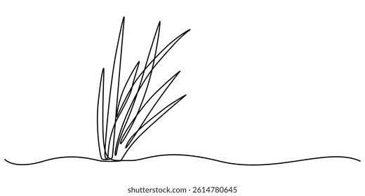 Abstract meadow line with grass. Continuous one line drawing. Vector illustration, Reed one continuous line illustration. Hand drawn doodle drawing of pond on white background, minimalist style pro.