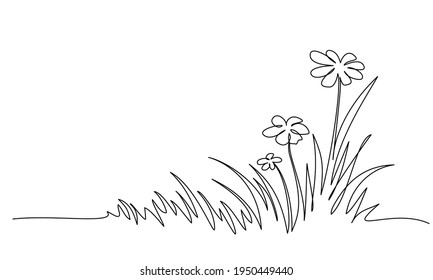 Abstract meadow line with grass and flowers chamomile. Continuous one line drawing. Vector illustration