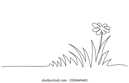 Abstract meadow line with grass and flowers chamomile. Continuous one line drawing. Vector illustration