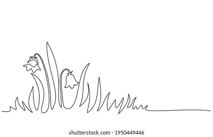 Abstract meadow line with grass and flowers bellflower. Continuous one line drawing. Vector illustration