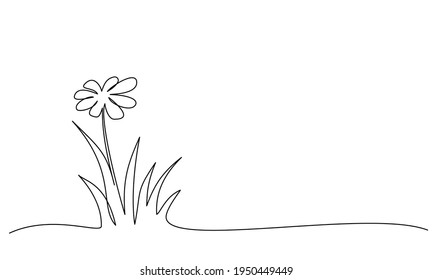 Abstract meadow line with grass and flowers chamomile. Continuous one line drawing. Vector illustration