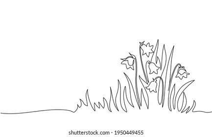 Abstract meadow line with grass and flowers bellflower. Continuous one line drawing. Vector illustration