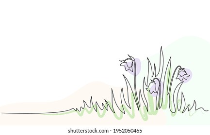 Abstract meadow line with grass and flowers bellflower. Continuous one line drawing with color spots. Vector illustration