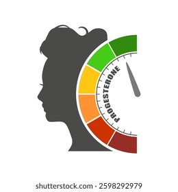 An abstract measuring device scale showing changes in hormone progesterone level. Health care concept illustration. Head of woman silhouette.