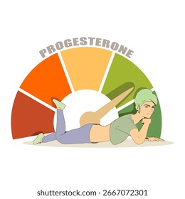 An abstract measuring device scale showing changes in hormone progesterone level. Health care concept illustration. Young woman lying near meter scale