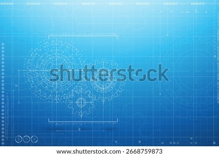Abstract mechanic parts of car engine or watch. Gear blueprint technical background. Cogs and wheels in gray color. Blueprint of working clock. Tech drawing of gears connection. Vector illustration.