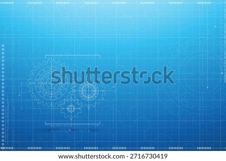 Abstract mechanic parts of car engine or watch. Gear blueprint technical background. Cogs and wheels in blue color. Blueprint of working clock. Tech drawing of gears connection. Vector illustration.