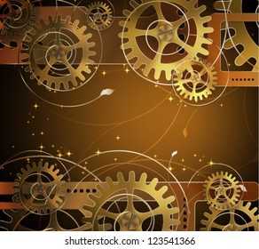 Abstract mechanical background with floral elements, vector illustration