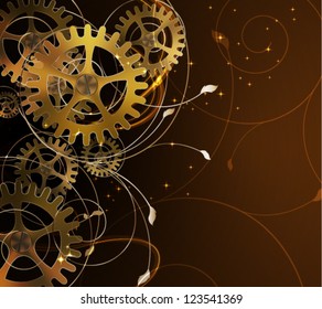 Abstract mechanical background with floral elements, vector illustration