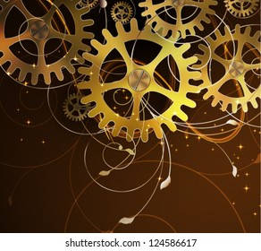 Abstract mechanical background with floral elements, vector illustration