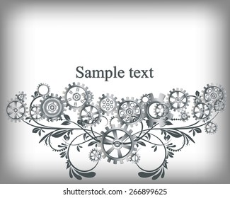 Abstract mechanical background with floral elements, vector illustration. Steampunk gear; 