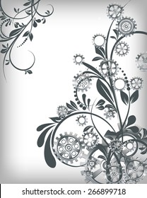 Abstract mechanical background with floral elements, vector illustration. Steampunk gear; 