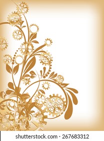 Abstract mechanical background with floral elements, vector illustration. Steampunk gear; 