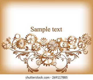 Abstract mechanical background with floral elements, vector illustration. Steampunk gear; 