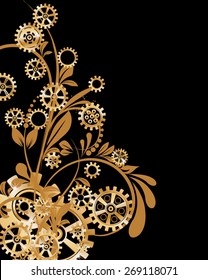 Abstract mechanical background with floral elements, vector illustration. Steampunk gear;