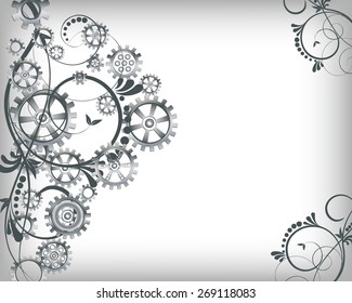 Abstract mechanical background with floral elements, vector illustration. Steampunk gear; 