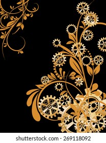 Abstract mechanical background with floral elements, vector illustration. Steampunk gear; 