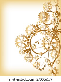 Abstract mechanical background with floral elements, vector illustration. Steampunk gear; 