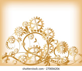 Abstract mechanical background with floral elements, vector illustration. Steampunk gear; 