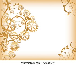 Abstract mechanical background with floral elements, vector illustration. Steampunk gear; 