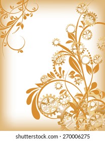 Abstract mechanical background with floral elements, vector illustration. Steampunk gear; 