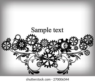 Abstract mechanical background with floral elements, vector illustration. Steampunk gear; 