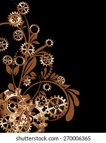 Abstract mechanical background with floral elements, vector illustration. Steampunk gear; 