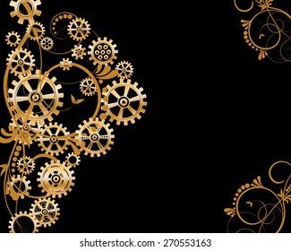 Abstract mechanical background with floral elements, vector illustration. Steampunk gear; 