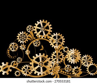 Abstract mechanical background with floral elements, vector illustration. Steampunk gear; 