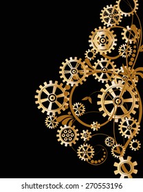 Abstract mechanical background with floral elements, vector illustration. Steampunk gear; 