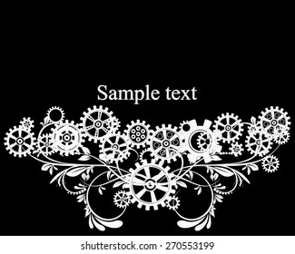 Abstract mechanical background with floral elements, vector illustration. Steampunk gear; 