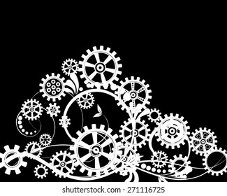 Abstract mechanical background with floral elements, vector illustration. Steampunk gear; 