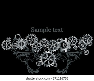 Abstract mechanical background with floral elements, vector illustration. Steampunk gear; 