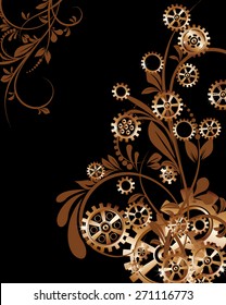 Abstract mechanical background with floral elements, vector illustration. Steampunk gear; 