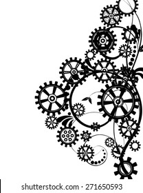 Abstract mechanical background with floral elements, vector illustration. Steam punk gear.