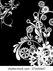 Abstract mechanical background with floral elements, vector illustration. Steam punk gear.