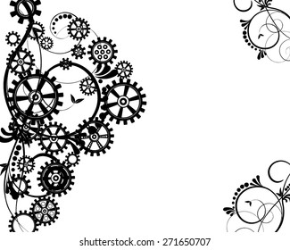 Abstract mechanical background with floral elements, vector illustration. Steam punk gear.