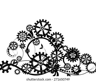 Abstract mechanical background with floral elements, vector illustration. Steam punk gear.