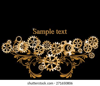 Abstract mechanical background with floral elements, vector illustration. Steam punk gear.