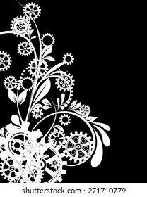 Abstract mechanical background with floral elements, vector illustration. Steampunk gear; 