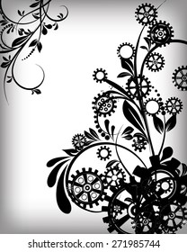 Abstract mechanical background with floral elements, vector illustration. Steampunk gear; 