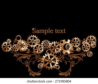 Abstract mechanical background with floral elements, vector illustration. Steampunk gear; 