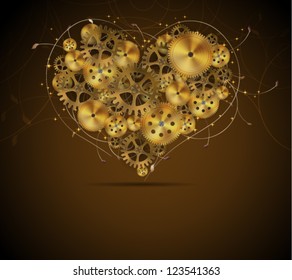 Abstract mechanical heart with floral elements, vector illustration