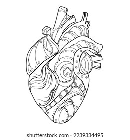 Abstract mechanical human heart in steampunk style Line art drawing vector illustration.Surrealist Stylized human heart black and white sketch drawing.Emblem,card,logo,print,tattoo design 