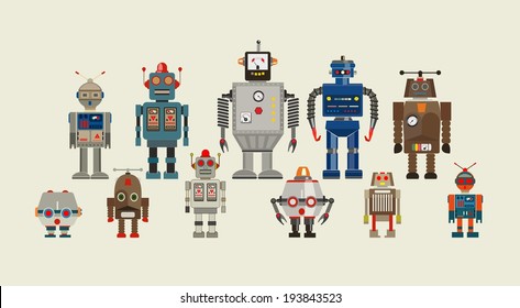 Abstract mechanical robots set isolated on white. Vector illustration