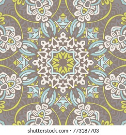 Abstract medallion seamless pattern. Flourish ornament design. winter decor mandala background.