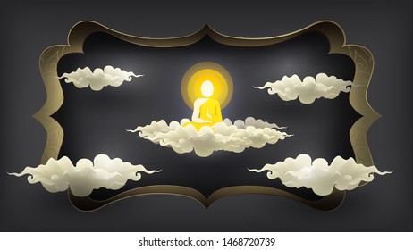 Abstract mediating monk siting on white cloud. Realistic paper art style on three layers ripped black paper background.