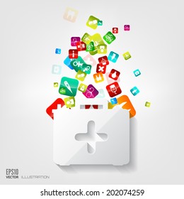Abstract medical background with application icons.