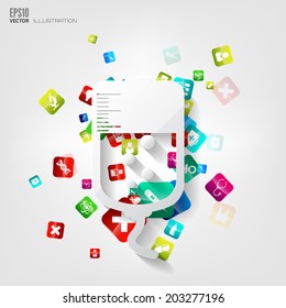 Abstract medical background with application icons.