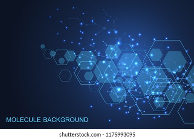 Abstract medical background DNA research, genetics, genome, DNA chain. Genetic analysis art concept with hexagons, lines, dots. Biotechnology network concept, vector illustration.